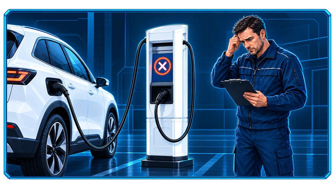 Illustration of a technician investigating a failed charging session between a vehicle and charging station