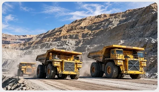 Mining trucks in an open-pit mine