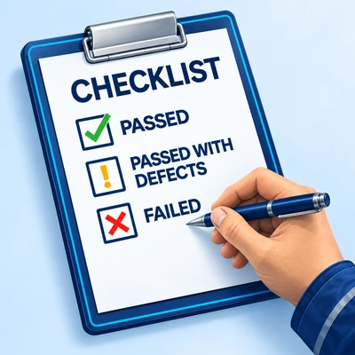 Illustration of a clipboard showing possible inspection results.
