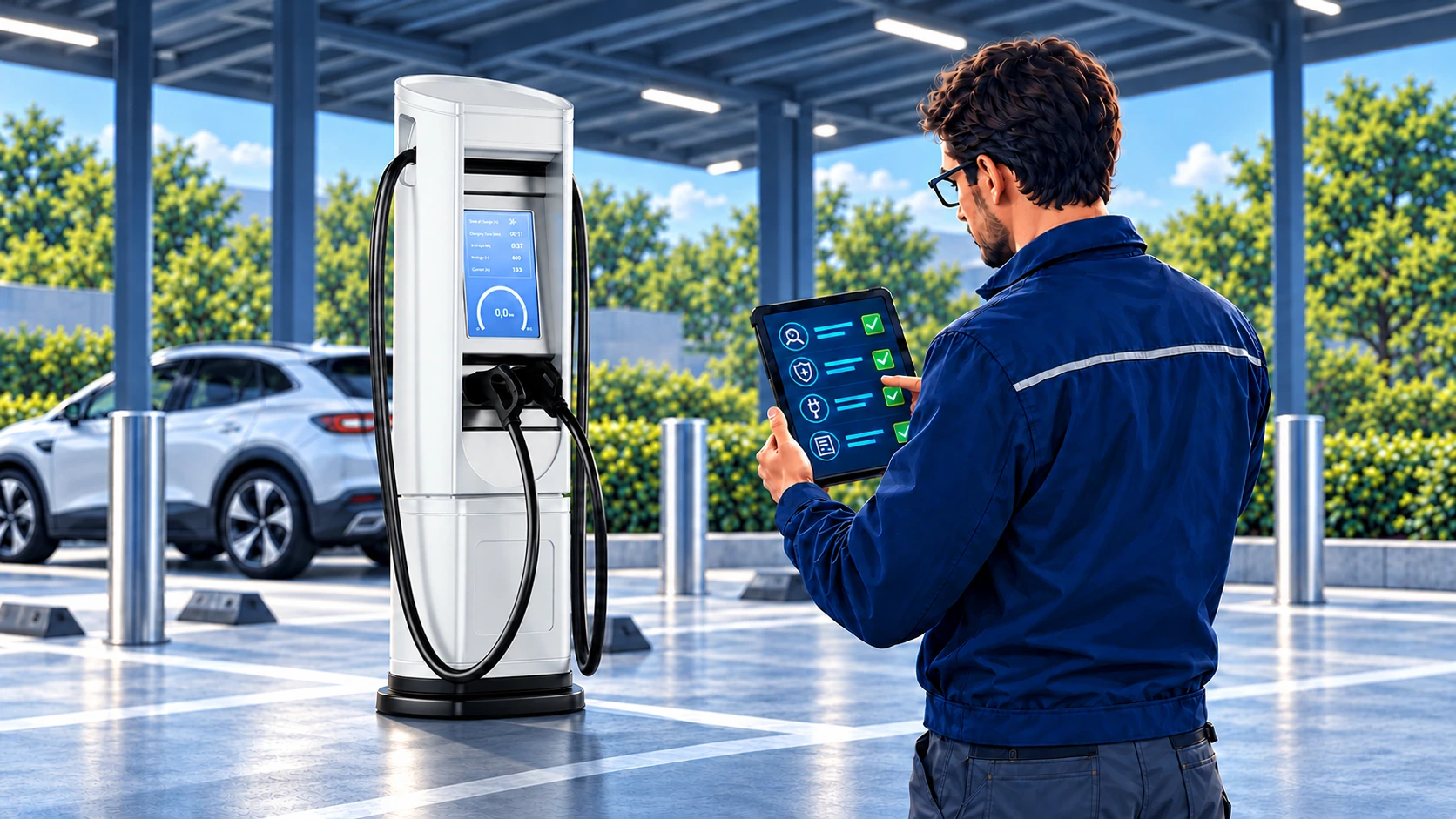 Illustration: A technician checks a charging station using a checklist on a tablet.