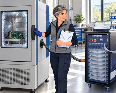 Engineer opens a climate chamber with a battery management board inside, connected to a comemso test system rack; she holds a step profile on her clipboard.