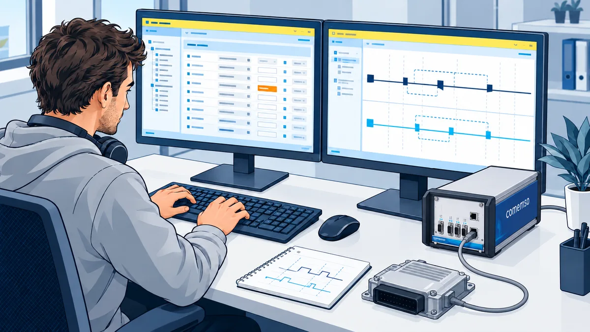 Ingenieur am Simulationsarbeitsplatz: Ein EVCA-System ist mit einem Ladesteuergerät verbunden, auf dem Bildschirm Nachrichtenfolgen und Timing.
