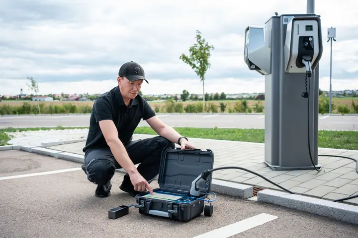 Technician operating Easy Chester Micro connected to an AC charging point.