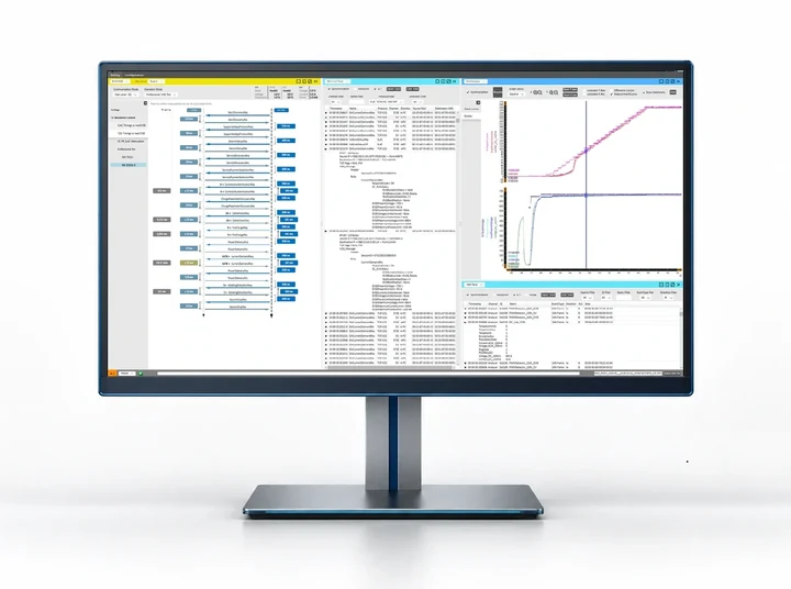 comframe-Arbeitsoberfläche auf einem Desktopmonitor mit synchronisierter Kommunikation, Signalen und Messungen