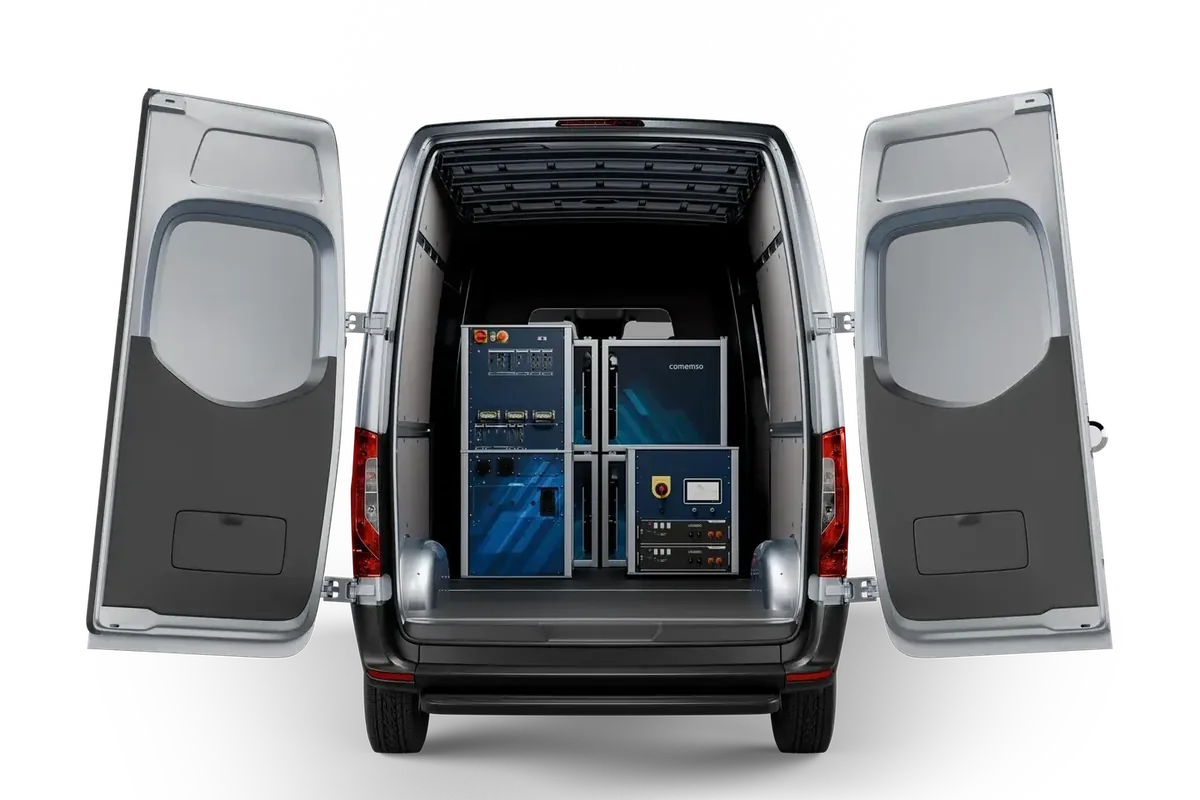 Heckansicht des integrierten mobilen Labors Easy Chester Calimera