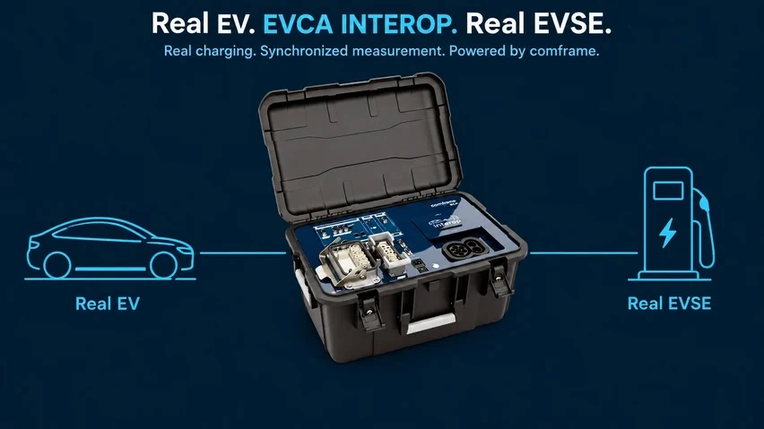 Real EV and real EVSE connected through EVCA Interop with synchronized protocol, signal and electrical evidence