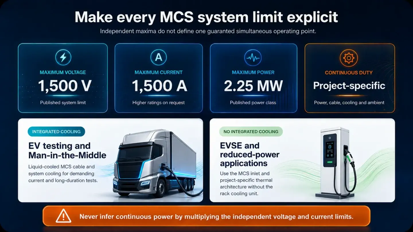 EVCA MCS-Konfigurationsgrößen für Spannung, Strom, Leistung, Lastzyklus und Kühlung