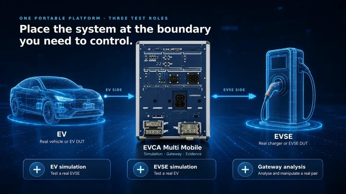 EVCA Multi Mobile für Fahrzeugsimulation, Ladestationssimulation und Gateway-Analyse positioniert