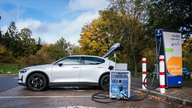 EVCA Multi Mobile zwischen einem realen Elektrofahrzeug und einer öffentlichen DC-Ladestation