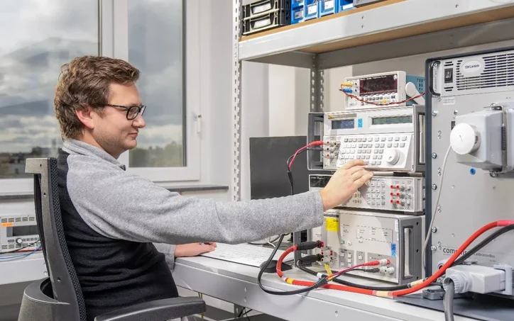Employee working with measurement equipment in the comemso calibration laboratory.