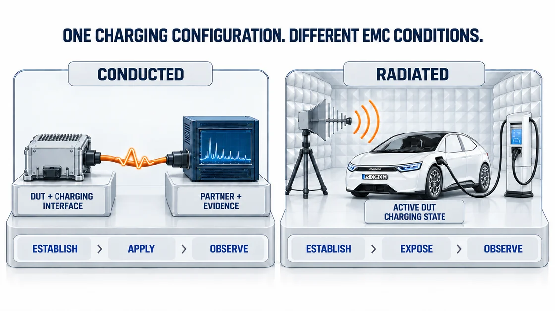 Conducted and radiated EMC test sequences with an active charging state