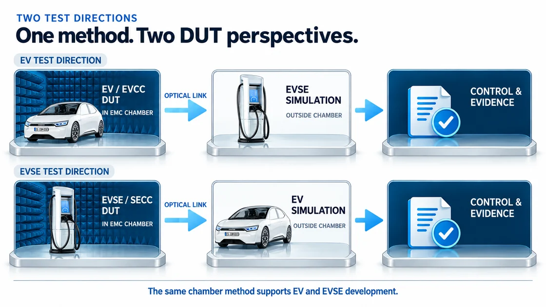 EV EMC and EVSE EMC test directions with the controlled counterpart outside the chamber