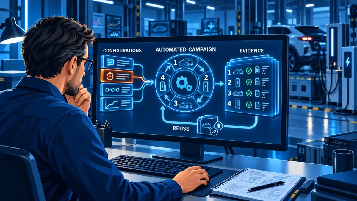 Saved EV or EVSE charging configurations form an automated campaign with versioned, reusable evidence for the selected DUT role