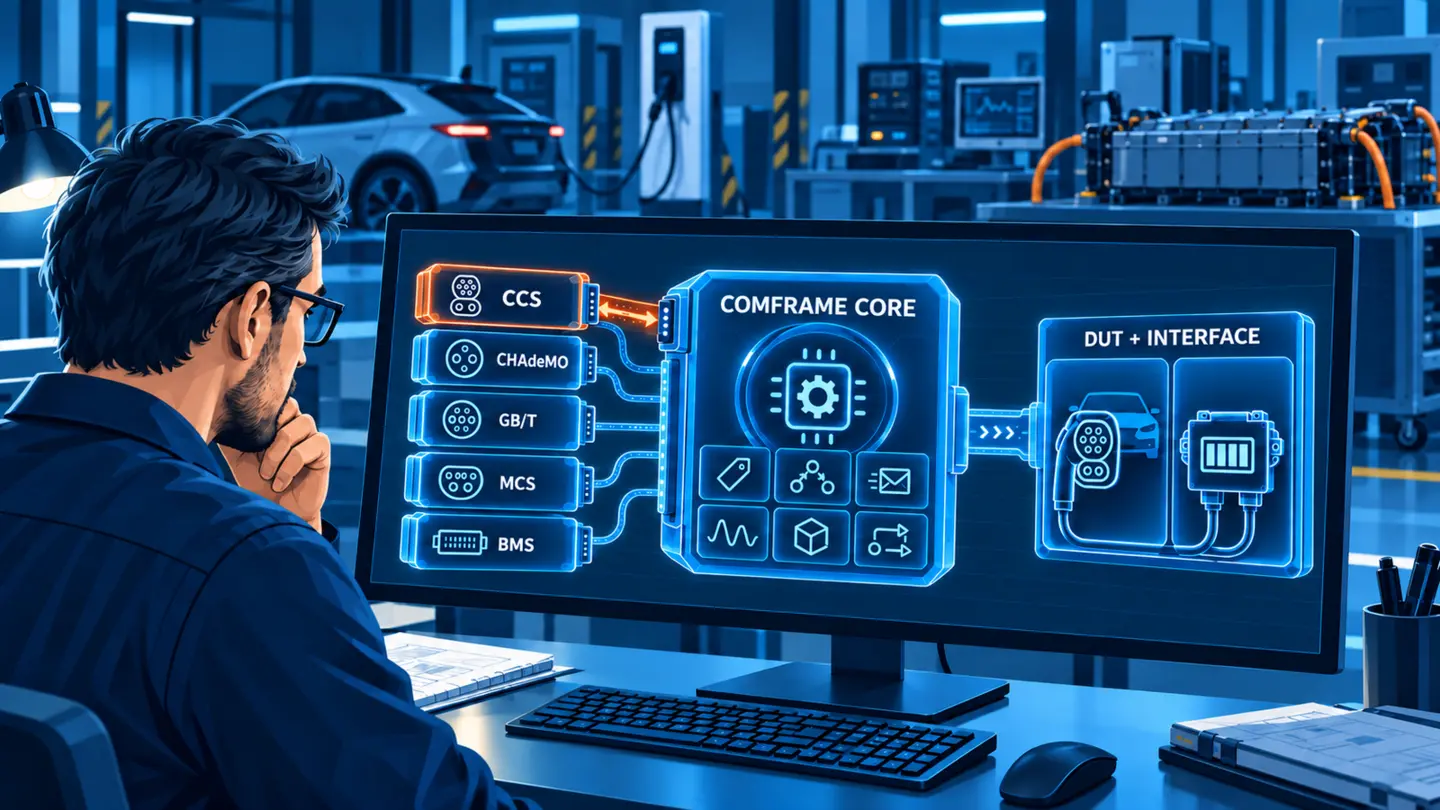 Der comframe-Kern verbindet wählbare Ladeprotokollmodule und das BMS-Fachmodul mit der konfigurierten Prüflingsschnittstelle
