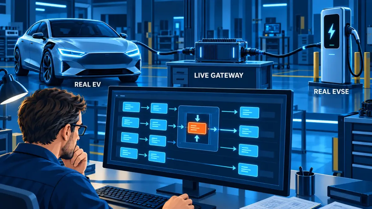 A live gateway changes selected supported communication between a real EV and a real EVSE for controlled interoperability debugging