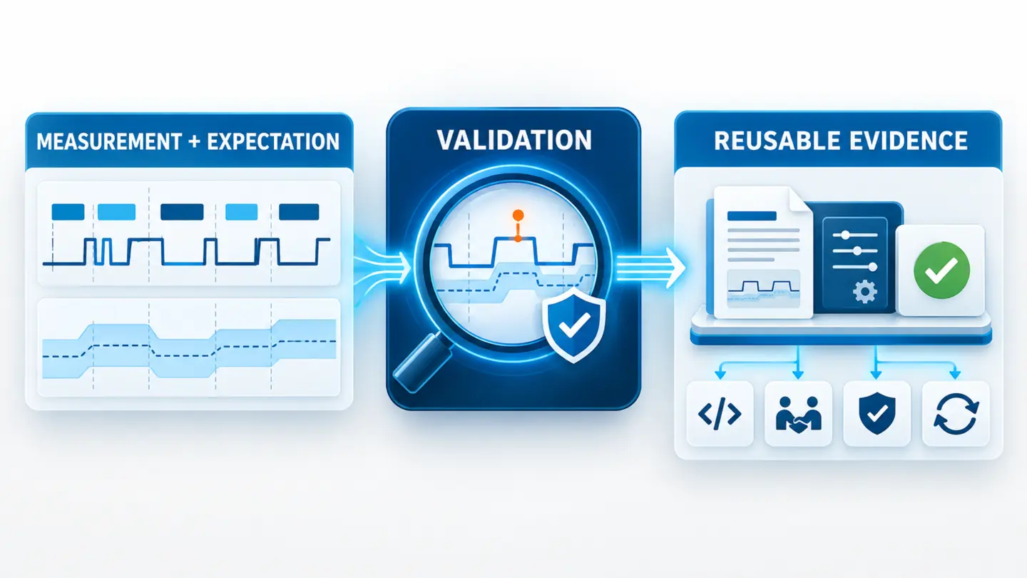 Measurement and normative expectation are validated together and packaged as reusable technical evidence