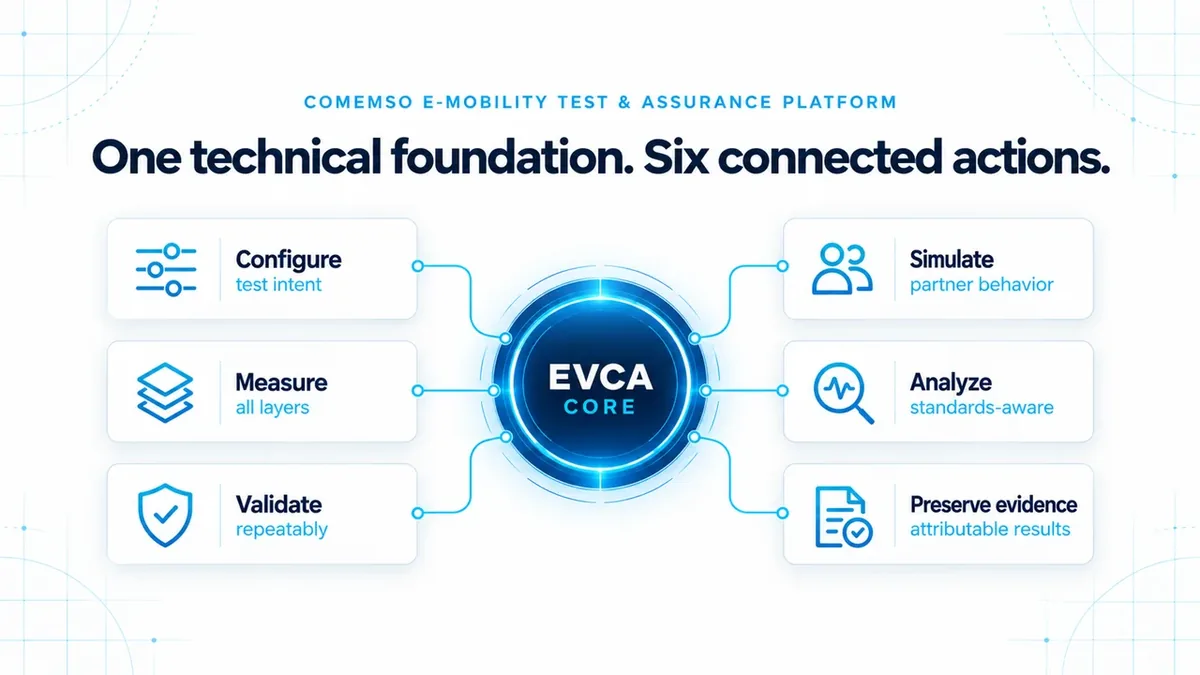 EVCA capability illustration: configure, simulate, measure, analyse, validate and preserve evidence.