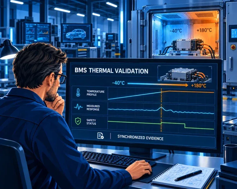 Darstellung eines Ingenieurs bei der Planung einer thermischen BMS-Validierung mit Zellsimulation und Klimakammer
