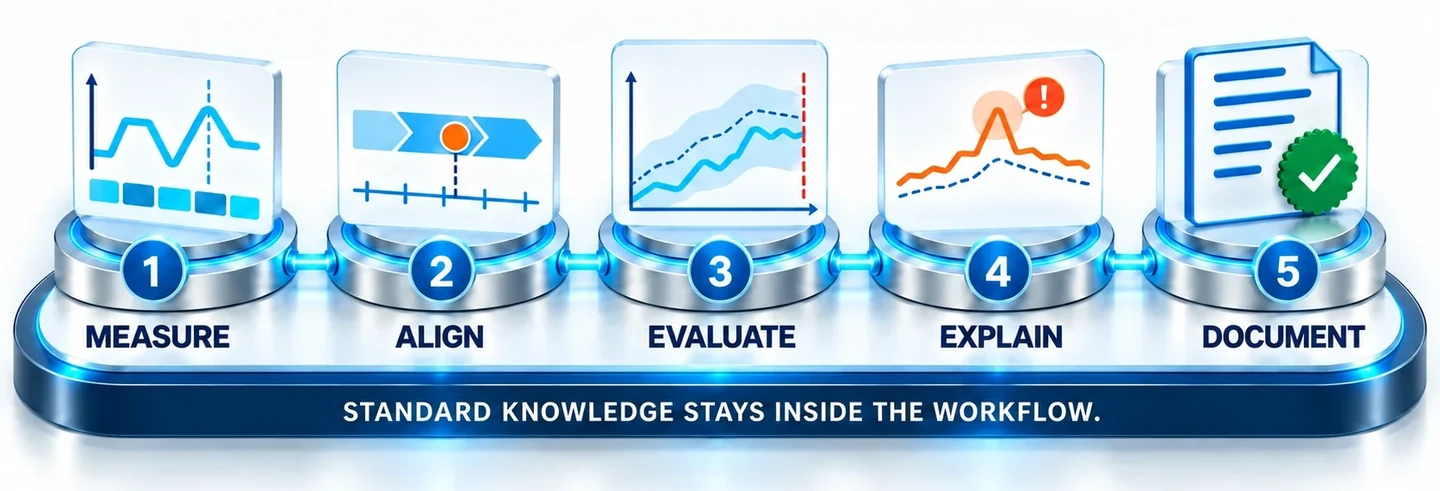 Measure, align, evaluate, explain and document: standard knowledge stays inside the evidence workflow