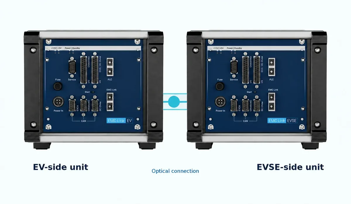 EMC Link EV-side and EVSE-side units connected optically