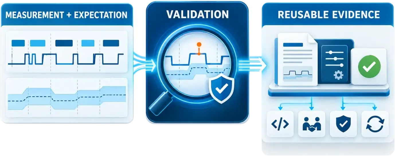 Reusable evidence package containing measurement, expectation, validation and decision