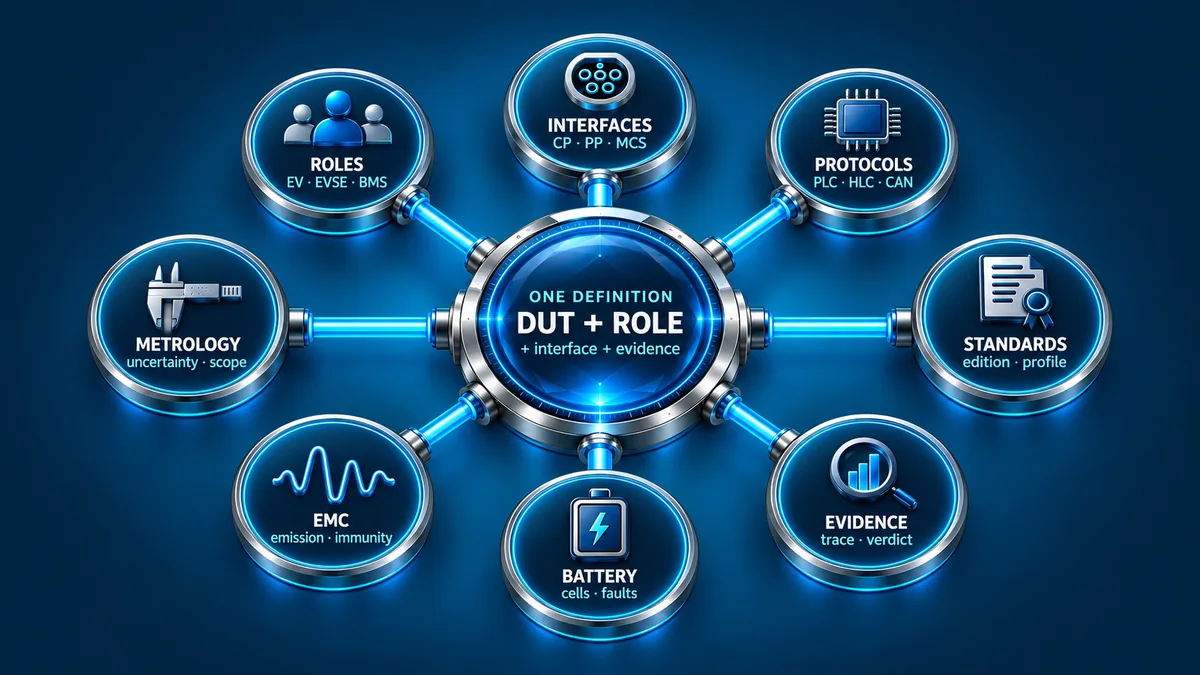 Technical glossary linking device roles, interfaces, protocols, standards, evidence, battery, EMC and metrology.