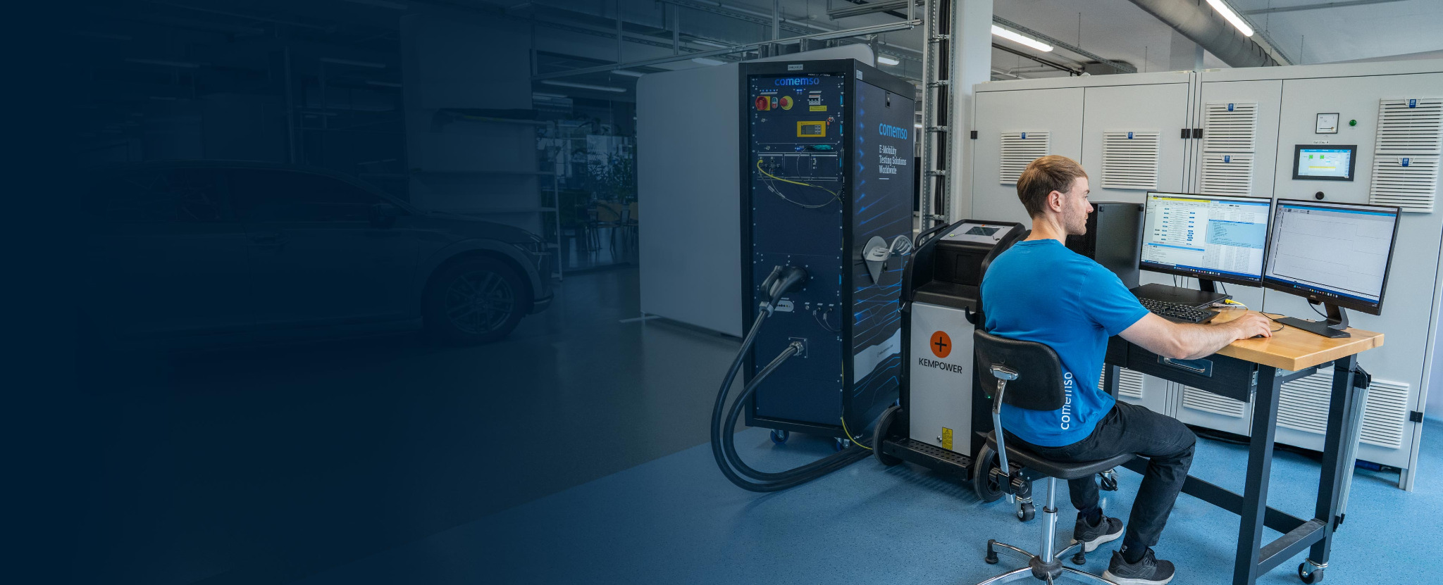 MCS-Fahrzeugprüflabor mit EVCA MCS, externer Leistungstechnik und einem Ingenieur