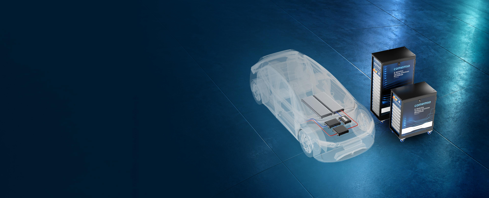 Fahrzeugbatterie, BMS und Ladeelektronik mit comemso-Systemen für Integrationsprüfungen