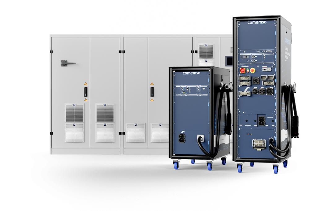 EVCA Flex test rack with charging interfaces and cables