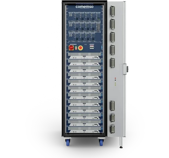 Configuration illustration showing a Battery Cell Simulator Flex rack and its open side enclosure with threaded mounting plate