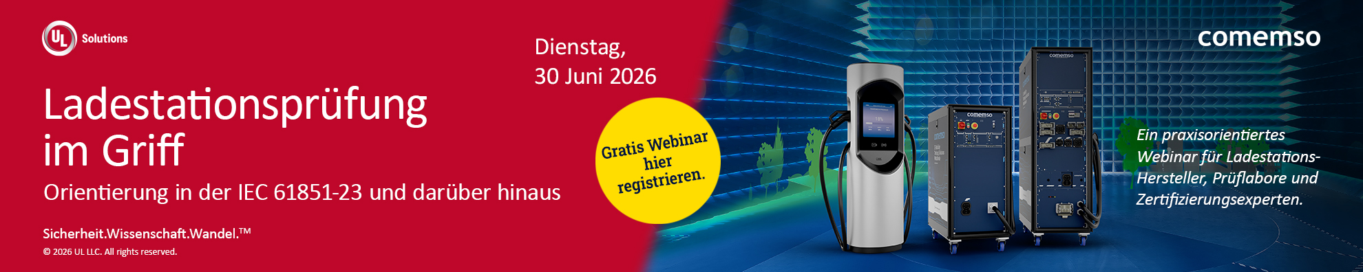 Webinar-Banner - Ladestationsprüfung im Griff - Orientierung in der IEC 61851-23 und darüber hinaus